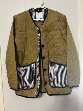 Quilted Olive Bomber Jacket with Striped Pocket Trim